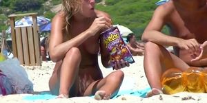 Blonde teen on the beach fully naked in public showing tight pussy!