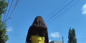 Yellow mini costume and panty peeping up petticoat