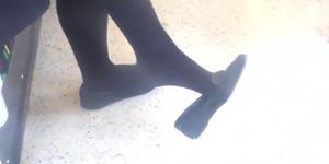Candid Feet Dangling Shoeplay Black Tights Nylons