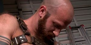 Well hung dude in leather harness gets sucked