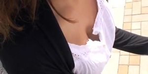 Free down blouse video of a hot Asian babe with perky boobs