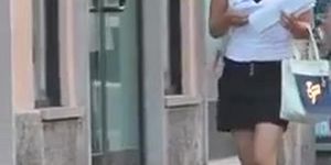 Braless street cute girl walking and bouncing