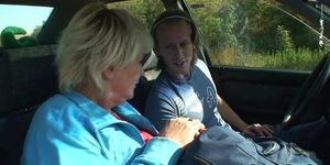 GRANNYBET - Old blonde hitchhiker doggy-fucked outside