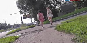 G-string upskirt footage of a girl wearing mini skirt