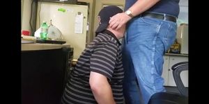 Daddy trucker dumps a quick load in Chubby Boys mouth