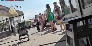 Upskirt outdoor scene filmed at the local bus station