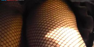 Gal in erotic fishnet pantyhose up petticoat