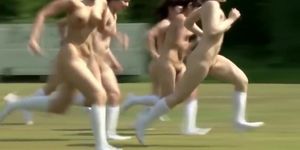 Playful Japanese bimbos run around the soccer field completely naked