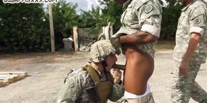 Black army bottom fucked while sucking in 3way outdoor