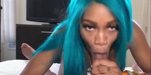 Slim Thick Ebony with Blue Hair gets Load on her Booty
