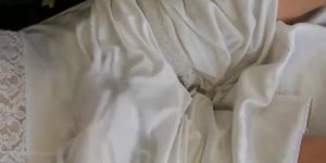 White nylon slip wank  cum