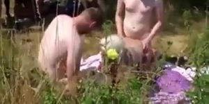 Fake tits outdoor gangbang