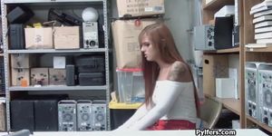 Beautiful redhead thief busted to suck dick