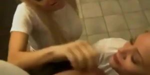 Two girls lucky guy gets a great blowjob handjob combo