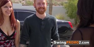Redhead couple head out to the backyard to meet and greet other swingers