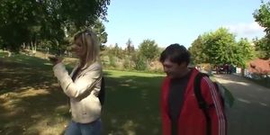 Hot blonde MILF has a threesome at the park