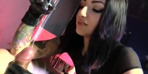 Brunette mistress extracting cum from a fat dick