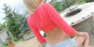 Sexy blond teasing takes load in ass (Karina Grand)