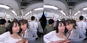 POV threesome makeout on train