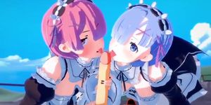 Re zero rem and Ram maid threesome Hentai sex