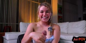 Mischievous blonde teen giving JOI  and getting doggystyled POV
