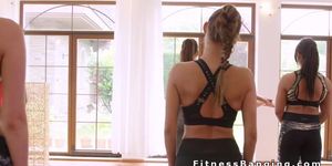 Yoga teacher bangs blonde teen in leggings