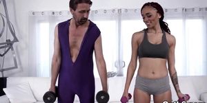 Teen stepdauther Julie Kay is a fitness trainer and started a family ANAL workout session with her horny stepdaddy Steve Holmes.