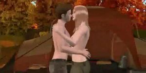 3d Blondine mit kleinen Titten küsst ihren Freund in einem Wald