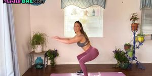Busty yoga milf shows body while stretching then rubs clit