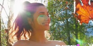Sweet brunette model Alexandra Belle passion posed totally naked outdoor