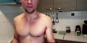 Closure view of muscle couples fuck in the kitchen