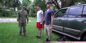 Teens trained by a big cocked soldier bareback outdoor