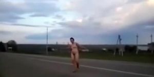 Mature drunk woman walking naked