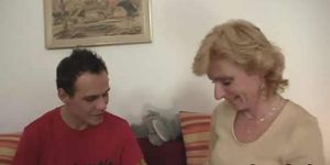 GRANNYBET - Blonde granny jumps on young cock