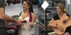 Brunette Flashes Tits And Pussy In A Music Store