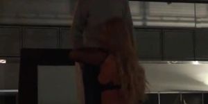 PUBLIC SEX SHOWS - Blonde in stockings dildos her snatch