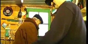 OLD MAN GANGBANG - Blindfolded fuck in a workshop