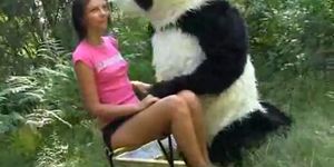 PANDA FUCK - Sex in the woods with a huge toy panda