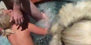 Two big-booty blonde teens start an orgy in the hot tub