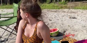 Public Blowjob On The Beach, We Are Spotted! Vallery Ray suck cock and gets cum on her face