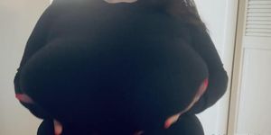 Aria Jane fondling her huge boobs in black shirt
