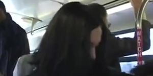 Brunette girl is  then squirts on a Japanese bus