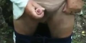 Old man wanking his uncut cock outside