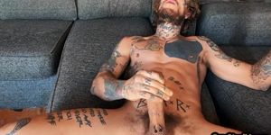 GAY STUD X - Inked stud fingering tight asshole while jerking off