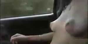 Wife flashes her bum to a trucker on the highway