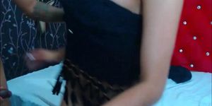 Blond ladyboy in black lingerie fucked from behind