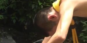 Slim Asian scouts banging in outdoor couple after blowjob