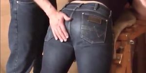 Caned over tight jeans Daddy boy