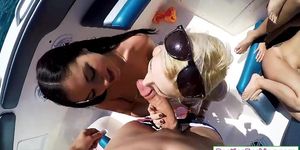 Guy fucking brunette babe while pussy licking her petite bff