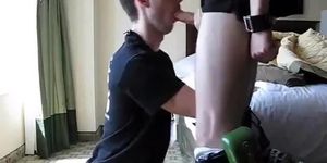 Face fucking guy in hotel room cum in his mouth